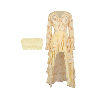 安妮不火 碎花荷叶边V领雪纺度假连衣裙女春微胖大码不规则长裙子