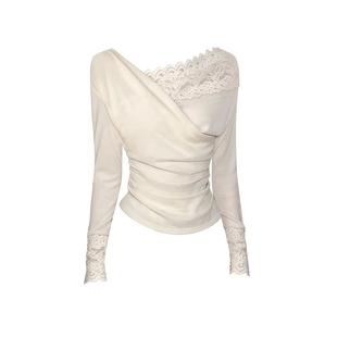 Classy girl 【暮纱雪缕】法式荡领蕾丝拼接针织衫女秋冬收腰上衣