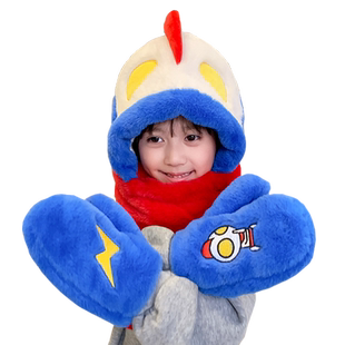 儿童帽子秋冬季男童可爱恐龙宝宝男孩冬款连帽围巾一体保暖三件套