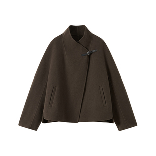 CROWNLESS未冕25冬新品羊毛双面呢老钱廓形皮袢斗篷短大衣女