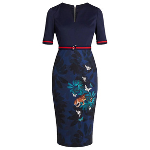 精英律师栗娜同款OLV领短袖包臀修身印花连衣裙中长拼接轻奢女装