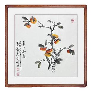 国画柿子木框装裱纯手绘真迹客厅装饰画事事如意画定制卧室卷轴画