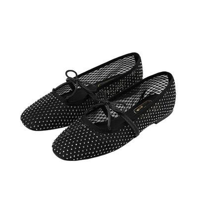 7or9时尚镂空网面玛丽珍鞋女黑色蝴蝶结平底单鞋芭蕾舞鞋夜星纱