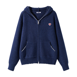 it:CHOCOOLATE藏蓝色连帽针织衫女款2025新款秋冬小个子休闲外套