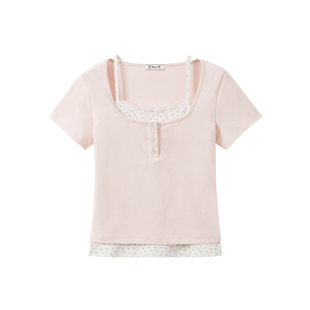 奶油的宇宙 碎花吊带拼接假两件短袖T恤女甜美bm风修身正肩短上衣