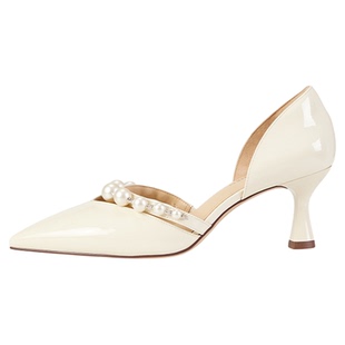 灵梅陈高光鞋蓝色漆皮珍珠高跟鞋婚鞋女优雅尖头空气棉玛丽珍凉鞋