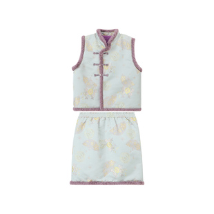 布丁哈鲁冬装女童童装新年套装2026秋冬新款儿童国风毛边两件套