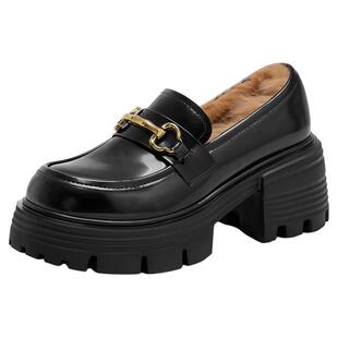 星期六加绒乐福鞋女款2025新款冬季黑色厚底增高英伦风小皮鞋单鞋