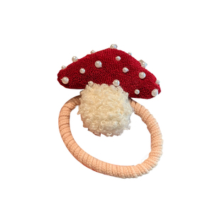 可爱少女心红色毛绒珍珠发绳2025年卡通蘑菇头绳扎马尾发圈皮筋