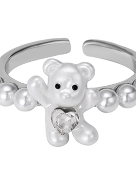 可爱奶油小熊珍珠锆石戒指女款轻奢时尚高级感食指戒时尚开口指环