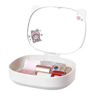 镜子学生宿舍化妆镜台式桌面可立折叠梳妆镜子桌上收纳盒一体便携