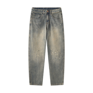 98SQUID 美式高街做旧水洗泼墨牛仔裤男女宽松休闲直筒垂感长裤子