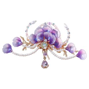 汉服头饰紫色琉璃花瓣发冠唐风古风百搭少女头冠明制手工饰品发饰