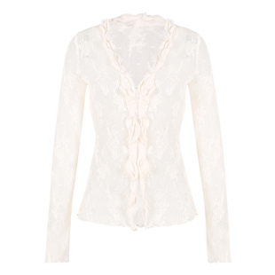 ITSNIKAR 法式性感v领针织衫女初秋荷叶边提花开衫朦胧感显瘦上衣