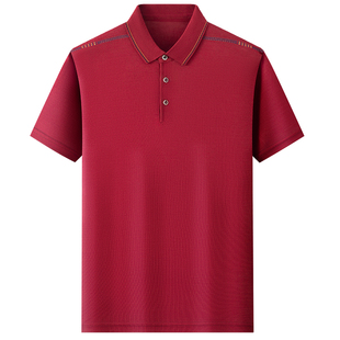 爸爸夏装红色上衣中年男士冰丝短袖t恤中老年人男装Polo衫婚宴装