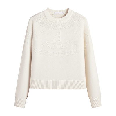 Navigare意大利小帆船纯羊毛针织衫女2025秋冬季新款时尚提花毛衣