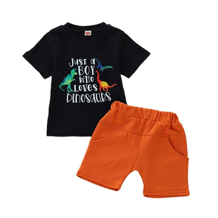 BibiCola夏季新款恐龙印花短袖T恤套装男童百搭休闲两件套