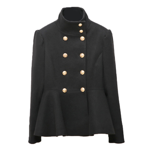 秋冬新款小香风短款双排扣毛呢外套女小个子荷叶边黑色立领大衣