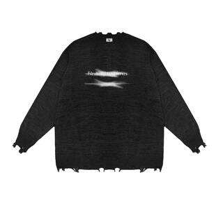 FDR 国潮美式划线印花圆领破洞毛衣男女潮牌情侣装宽松针织衫上衣