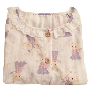 花屿兔眠｜春夏纯棉双层纱布花边薄款清新女士睡衣家居服长袖无领