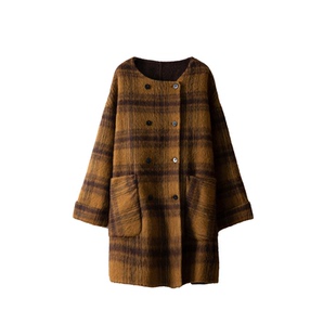 特惠 双面呢苏力羊驼羊毛大衣双排扣格子围巾加厚保暖毛呢外套冬