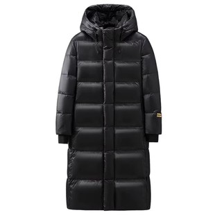 90白鸭绒长款过膝黑金连帽羽绒服女冬2025年新款情侣防风保暖外套