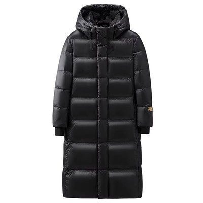 90白鸭绒长款过膝黑金连帽羽绒服