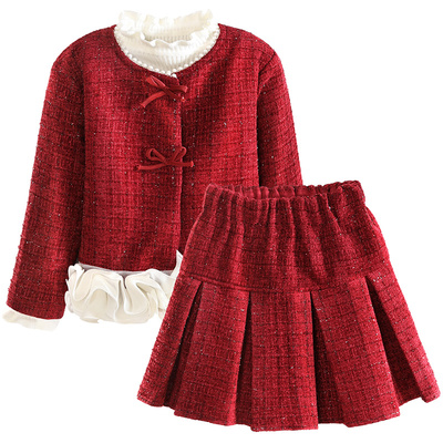 小虎帕蒂冬装新款女童小香风外套短裙三件套千金风红色节日套装