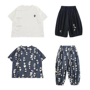 幼悠男童夏季新款中式立领衬衫轻薄透气束脚裤熊猫巡林系列套装潮