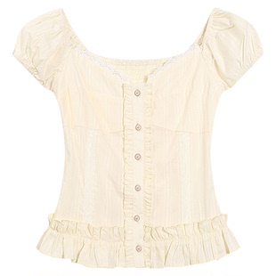 BBING甜饼 法式可爱少女性感优雅甜美花边修身显瘦泡泡袖衬衫上衣