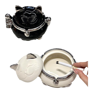 招财猫烟灰缸家用客厅网红创意轻奢办公室防飞灰带盖烟壶缸摆件