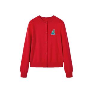 URLAZH有兰新款复古红色显白小恐龙绣标羊绒软糯短款针织开衫女