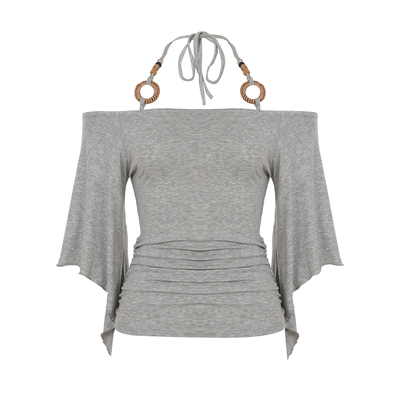 WEEKEEP 纯色一字肩圆环木珠挂脖系带蝙蝠袖上衣百搭收腰褶皱T恤