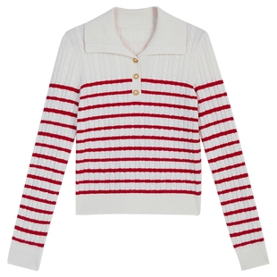 YINER音儿2026春季新款时尚条纹polo领阿拉善羊绒羊毛混纺针织衫