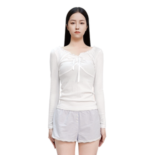 BM上衣女2026新款纯色木耳边蝴蝶结外穿内搭打底衫修身显瘦长袖