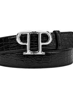 PHILIPP PLEIN 男士压纹皮带银色PP造型商务休闲穿搭牛皮皮带