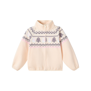 笛莎童装女童摇粒绒外套春季新款儿童女宝宝加绒上衣立领复古印花