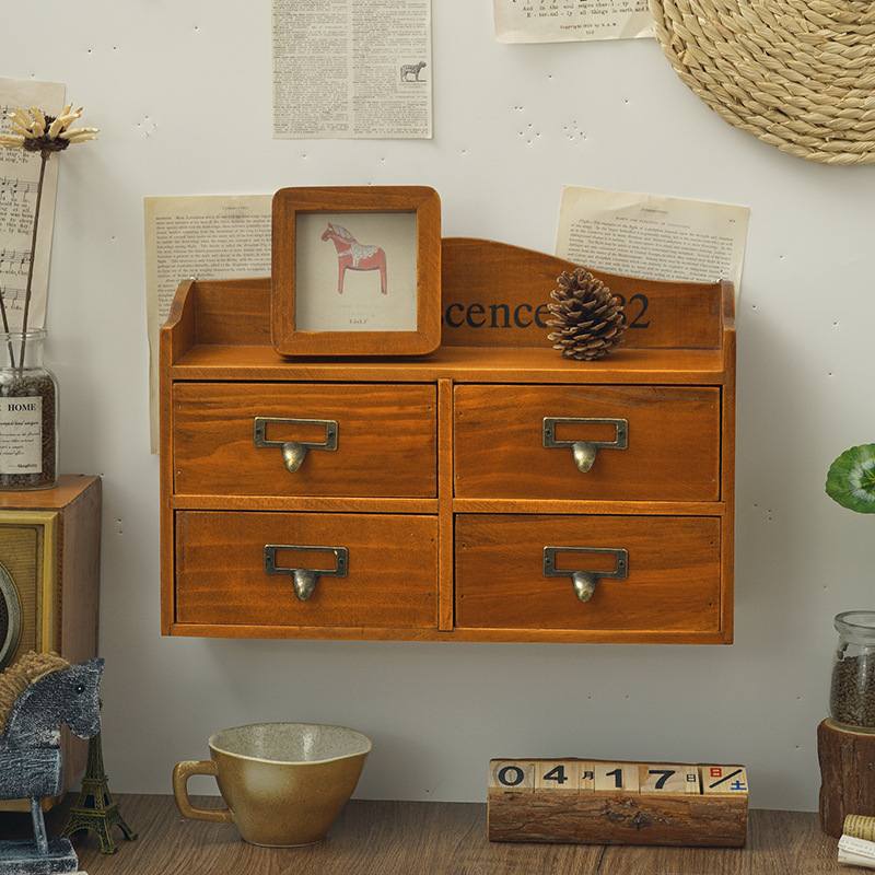 复古风木质护肤品整理盒梳妆台化妆品收纳桌面粉饼收纳盒抽屉式