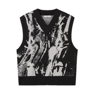 流石男装提花百搭V领针织背心2026年春秋季新款男生宽松时尚坎肩