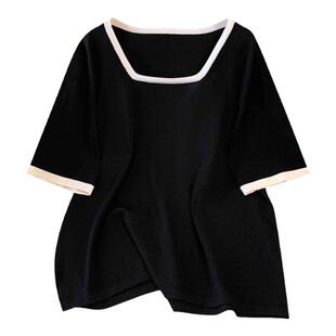 宽松版t恤女款大码女装胖mm夏装短袖U领针织衫宽松遮肚显瘦上衣