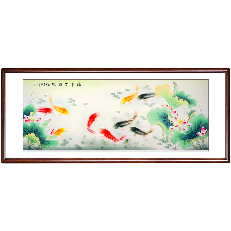 九鱼图荷花沙发背景墙手绘国画