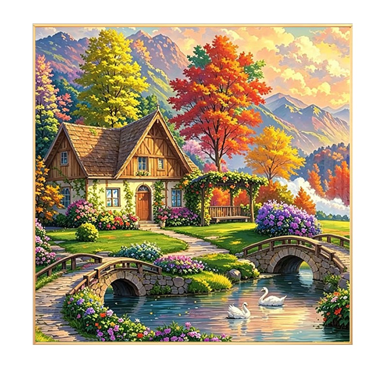 田园风景2026新款钻石画方钻满钻小房子山涧小屋客厅粘点钻十字绣