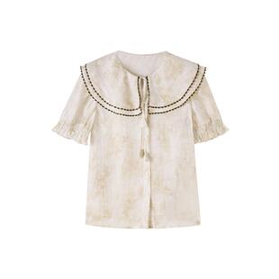 PIT复古渡假风气质麻荷叶领短袖衬衫女夏季新款法式上衣