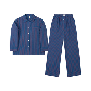 FORRETRO 夜空蓝条纹纯棉磨毛睡衣长袖长裤春秋冬男女家居服外穿