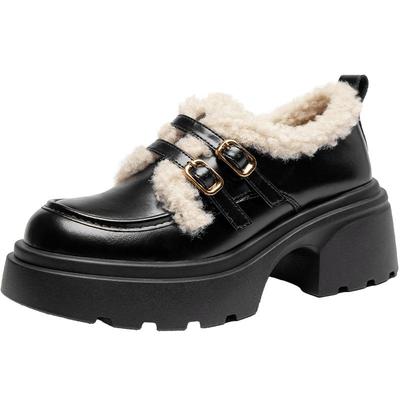 ZHR宽头高跟修饰腿型加绒小皮鞋