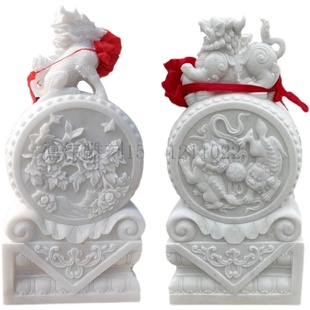 石雕门墩抱鼓一对汉白玉花开富贵石鼓晚霞红青石小象貔貅门口摆件