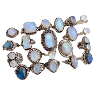 尼泊尔925纯银手工镶嵌天然月光石拉长石戒指复古包邮异域风格