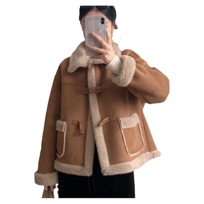 皮毛一体羊羔毛加绒加厚机车服