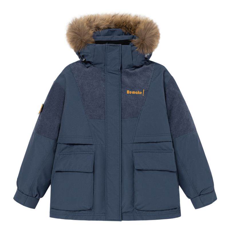 雪中飞小紫薯羽绒服2024冬情侣男女款毛领连帽灯芯绒拼接设计