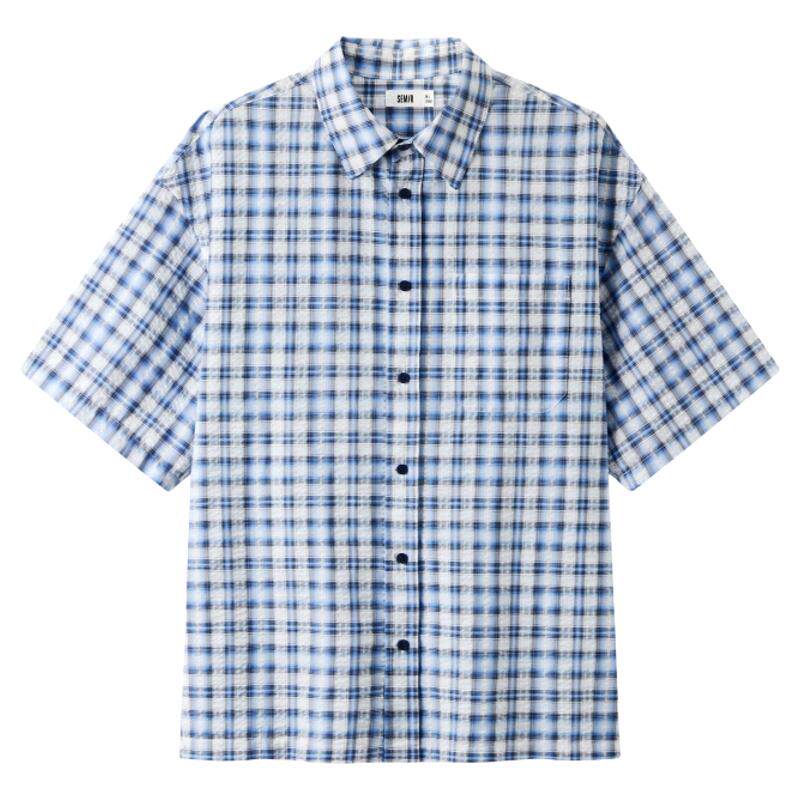 森马短袖衬衫男夏宽松格纹翻领上衣2026新款时尚五分袖泡泡纱衬衣